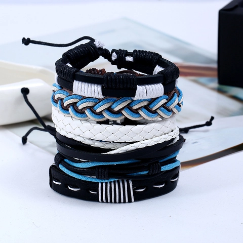 Handmade Braided Cowhide Leather Bracelet Multilayer Adjustable Punk Wrap Wristband For Men Women Fashion Jewelry Blue White