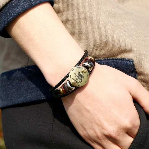 Bracciale in Pelle Vintage Segno Zodiacale Scorpione Bracciale Punk Intrecciato a Mano Multistrato per Uomo Donna Gioielli Regalo Compleanno