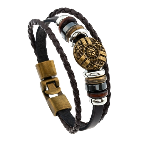 Bracciale in Pelle di Vacca Intrecciata Multistrato Vintage per Uomo Piastra Metallica Totem Stile Punk Bohemien Gioielli da Polso Uomo