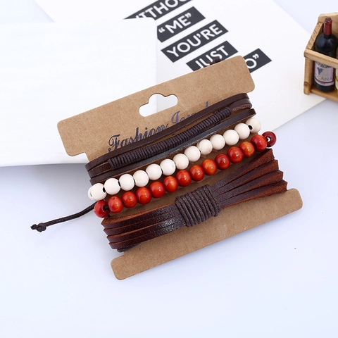 Vintage Men Multilayer Cowhide Leather Bracelet Set Handmade Woven Hemp Rope Wood Beads Punk Wrap Bracelet Fashion Jewelry