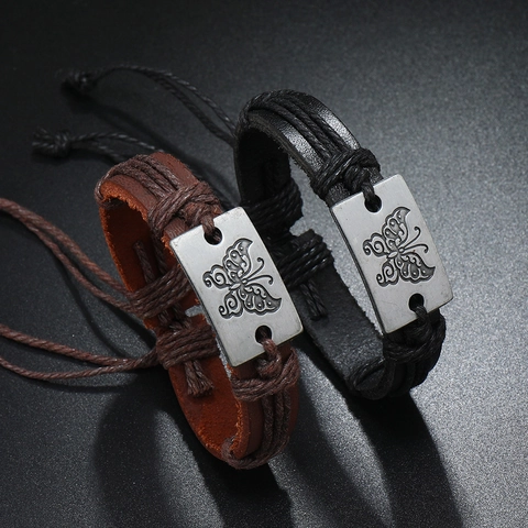 Vintage Unisex Leder Geflochten Armband Mit Legierung Schmetterling Platte Retro Punk Rindleder Verstellbarem Kordelzug Armband Schmuck