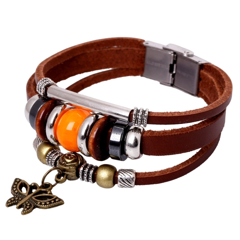 Vintage Punk Multilayer Cowhide Leather Bracelet Alloy Butterfly Charm Handmade Braided Stainless Steel Clasp Wrap Bracelet Unisex