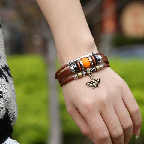 Vintage Punk Multilayer Cowhide Leather Bracelet Alloy Butterfly Charm Handmade Braided Stainless Steel Clasp Wrap Bracelet Unisex