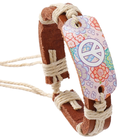 Bracciale in Pelle Intrecciato a Mano per Uomo Donna Vintage Boho Segno della Pace Placca Floreale Gioielli Etnici Regolabili
