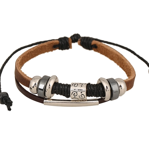 Multilayer Cowhide Leather Bracelet For Men Women Handmade Woven Punk Retro Style Alloy Bead Charm Bracelet Adjustable Daily Jewelry