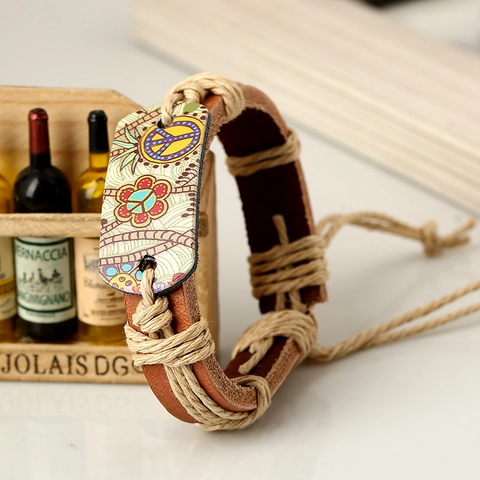 Bohemian Woven Genuine Cowhide Leather Bracelet Retro Peace Sign Floral Pattern Adjustable Hemp Rope Wristband Unisex Jewelry