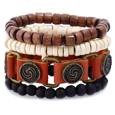 Set Bracciale in Pelle di Vacca Vintage Uomo Perle in Legno Etnico Intrecciato Lega Corda di Canapa Regolabile Gioielli da Uomo