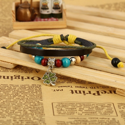 Bohemian Multilayer Cowhide Leather Beaded Bracelet For Women Men Vintage Four Leaf Clover Charm Adjustable Woven Bracelet Jewelry