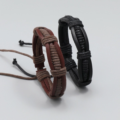 Handgeflochtenes Rindsleder Armband Für Herren Vintage Retro Verstellbare Wachskordel Wickelmanschette Mode Schmuck Zubehör