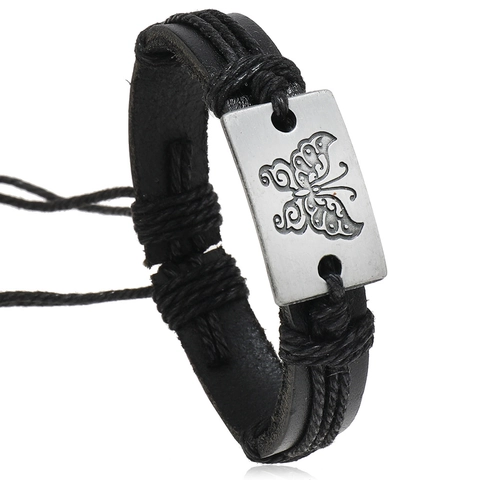 Vintage Unisex Leder Geflochten Armband Mit Legierung Schmetterling Platte Retro Punk Rindleder Verstellbarem Kordelzug Armband Schmuck
