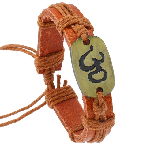 Pulsera de Cuero de Vaca Tejida Multicapa Hecha a Mano Étnica Vintage Símbolo Religioso Om Pulsera Ajustable Unisex Joyería