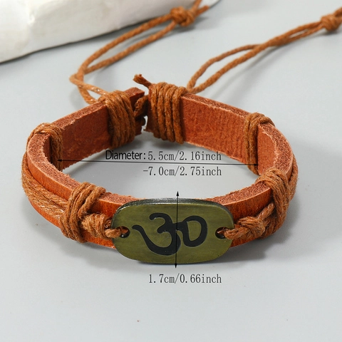 Pulsera de Cuero de Vaca Tejida Multicapa Hecha a Mano Étnica Vintage Símbolo Religioso Om Pulsera Ajustable Unisex Joyería