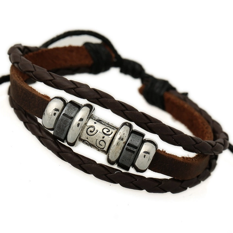 Vintage Mehrlagig Handgewebt Rindsleder Armband Für Damen Herren Retro Legierung Perlen Verstellbar Kordel Armband Punk Schmuck Geschenk