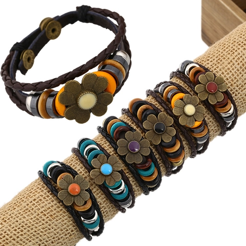 Handmade Genuine Leather Flower Bracelet Vintage Punk Braided Multilayer Beaded Wrap Wristband Jewelry For Women Men Gift