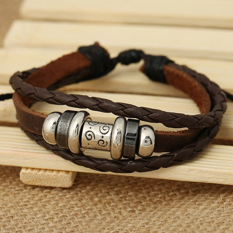 Vintage Mehrlagig Handgewebt Rindsleder Armband Für Damen Herren Retro Legierung Perlen Verstellbar Kordel Armband Punk Schmuck Geschenk