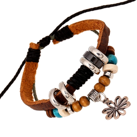 Vintage Böhmisch Mehrlagiges Rindsleder Geflochtenes Armband Für Damen Legierung Blume Anhänger Perlen Wrap Armband Handgefertigter Schmuck Geschenk