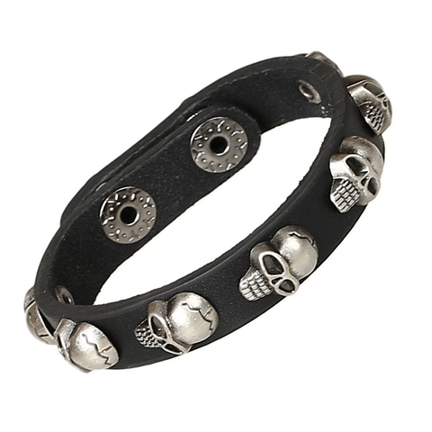 Pulsera de Cuero Genuino Punk Gótico Con Dijes de Calavera de Aleación de Plata Brazalete Ajustable Unisex