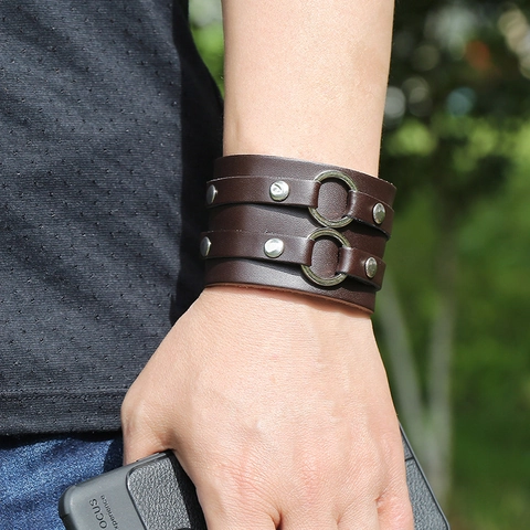 Pulsera de Cuero Ancha Punk para Hombre Doble Vuelta Cuero de Vaca Dividido Brazalete O-Ring Hebilla Remache Retro Goth Rock