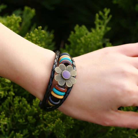 Handmade Genuine Leather Flower Bracelet Vintage Punk Braided Multilayer Beaded Wrap Wristband Jewelry For Women Men Gift