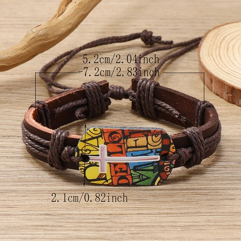 Vintage Multi-layer Hand-woven Leather Hemp Rope Bracelet Colorful Graffiti Cross Pendant Adjustable Wristband For Men Women