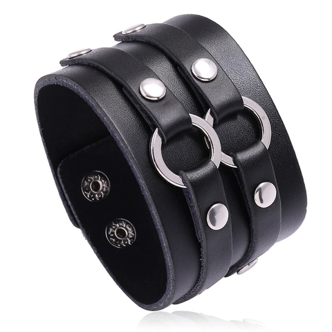 Pulsera de Cuero Ancha Punk para Hombre Doble Vuelta Cuero de Vaca Dividido Brazalete O-Ring Hebilla Remache Retro Goth Rock