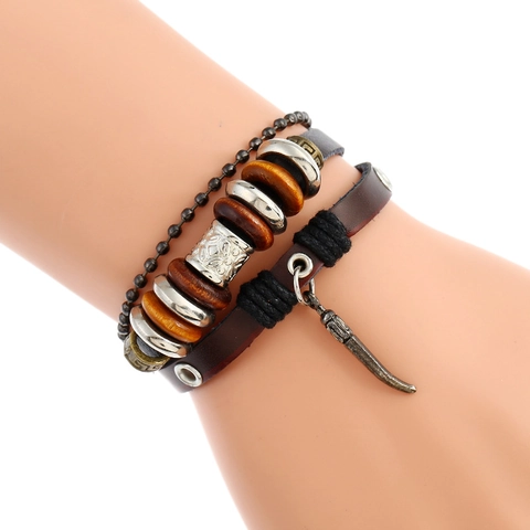 Vintage Herren Mehrlagiges Geflochtenes Rindsleder Armband Legierung Zahn Anhänger Holzperlen Verstellbar Punk Boho Schmuck