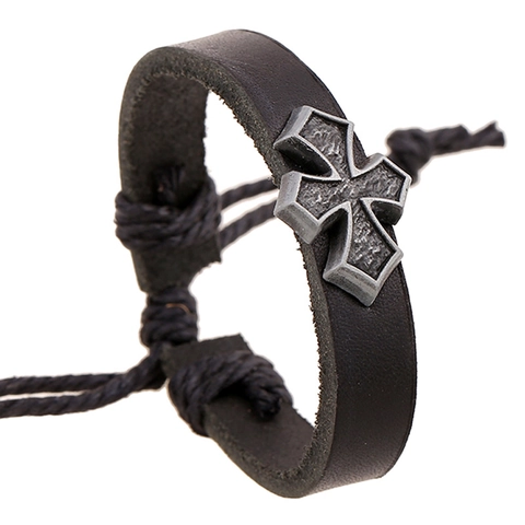 Pulsera de Cuero Genuino Vintage Punk para Hombres Mujeres Colgante Cruz Aleación Tejido Cordón Ajustable Joyas Góticas Retro Regalo