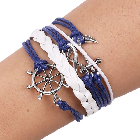 Bracciale Intrecciato Multistrato Nautico Vintage per Donna Uomo Ciondolo Ancora Timone Infinito in Lega Blu Bianco Corda di Cera Pelle PU