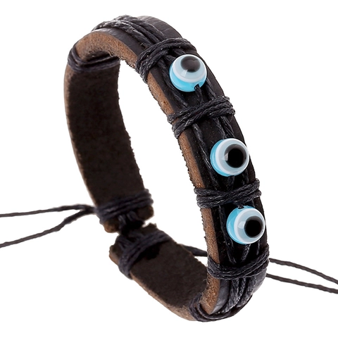 Vintage Genuine Cowhide Leather Woven Bracelet Zodiac Sign Evil Eye Charm Adjustable Punk Ethnic Jewelry For Men Women