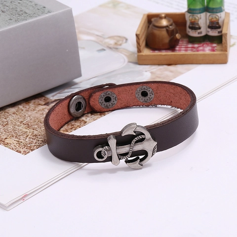 Vintage Adjustable Cowhide Leather Anchor Bracelet For Men Women Punk Nautical Zinc Alloy Snap Button Hand Jewelry