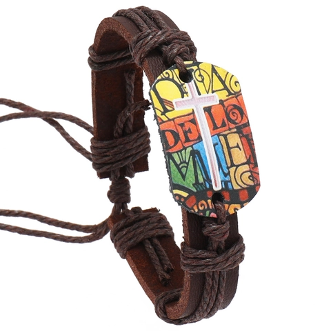 Vintage Multi-layer Hand-woven Leather Hemp Rope Bracelet Colorful Graffiti Cross Pendant Adjustable Wristband For Men Women