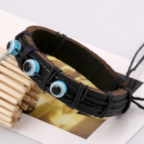 Vintage Genuine Cowhide Leather Woven Bracelet Zodiac Sign Evil Eye Charm Adjustable Punk Ethnic Jewelry For Men Women