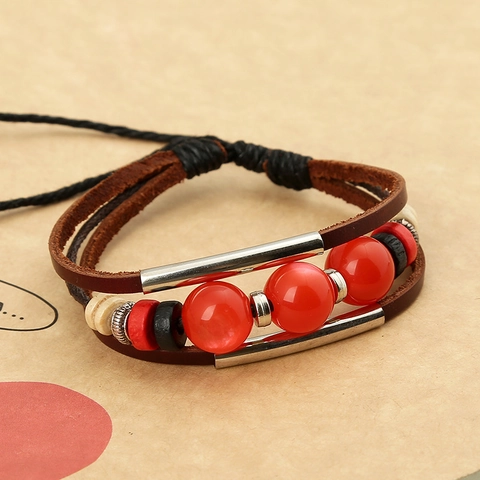 Pulsera Retro de Cuero de Vaca Aleación Resina con Cuentas para Mujer Hecha a Mano Multicapa Estilo Étnico Joyería Punk