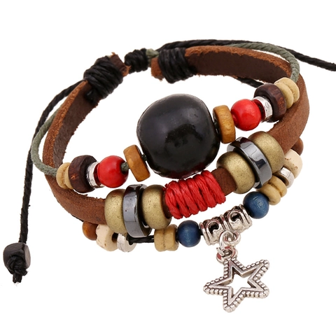 Bracciale in Pelle di Mucca Retrò per Uomo Donna Corda Intrecciata Multistrato Perline in Legno Ciondolo Stella Gioielli Punk Regolabile