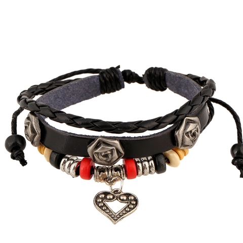 Vintage Punk Cowhide Leather Bracelet For Men Women Adjustable Multi-Layer Beaded Bracelet With Heart Charm Rose Jewelry
