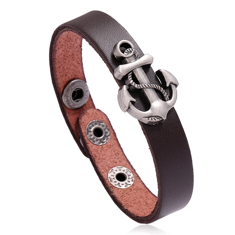 Vintage Adjustable Cowhide Leather Anchor Bracelet For Men Women Punk Nautical Zinc Alloy Snap Button Hand Jewelry
