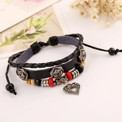 Vintage Punk Cowhide Leather Bracelet For Men Women Adjustable Multi-Layer Beaded Bracelet With Heart Charm Rose Jewelry