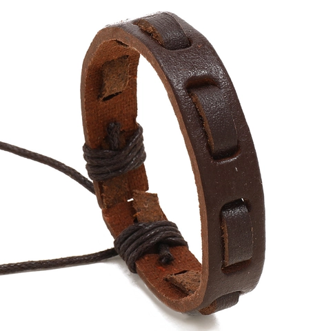 Retro Handwoven PU Leather Bracelet For Men Punk Multi Layer Hollow Out Adjustable Wax Cord Hand Wrap