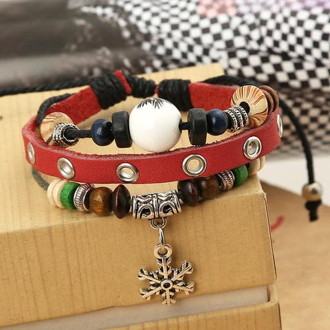 Vintage Multi-layer Leather Braided Bracelet For Women Men Ethnic Handmade Beaded Bracelet With Snowflake Pendant Adjustable Jewelry Gift
