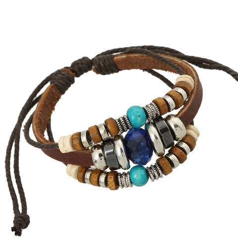 Bracciale Intrecciato in Pelle Multistrato Vintage per Uomo Donna Braccialetto Avvolgente Bohemien Perline Legno Gioielli
