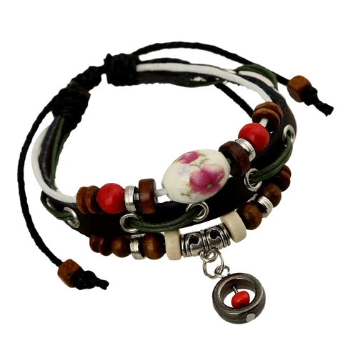 Handgefertigte Mehrlagige Ethno Perlen Lederarmband Keramik Blume Holz Akzente Verstellbare Boho Schmuck Damen