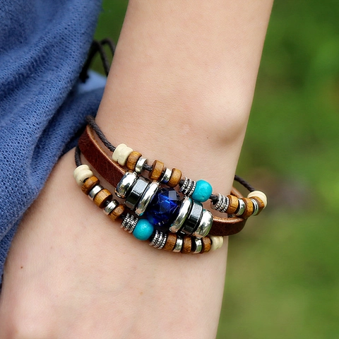 Bracciale Intrecciato in Pelle Multistrato Vintage per Uomo Donna Braccialetto Avvolgente Bohemien Perline Legno Gioielli