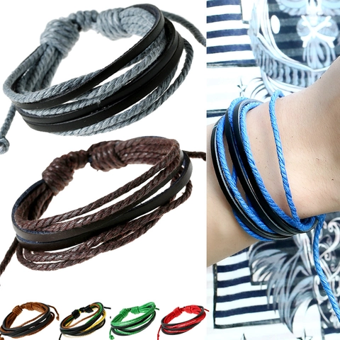 Bracelet Multicouche Tissé en Cuir de Vachette Corde de Chanvre Fait Main Punk Vintage Bijoux pour Hommes et Femmes