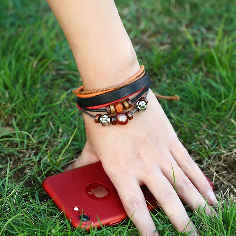 Retro Multilayer Genuine Leather Woven Bracelet With Wood Beads Alloy Metal Charms And Imitation Agate Bohemian Ethnic Style Adjustable Hand Jewelry For Women
