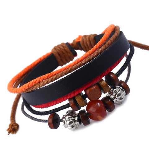 Retro Multilayer Genuine Leather Woven Bracelet With Wood Beads Alloy Metal Charms And Imitation Agate Bohemian Ethnic Style Adjustable Hand Jewelry For Women