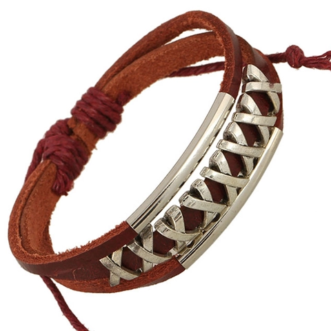 Bracciale Vintage Unisex Multistrato in Vera Pelle Con Tubo in Metallo Lega Argento Stile Punk Geometrico Gioiello Regolabile