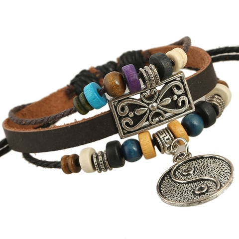 Vintage Multilayer Beaded Leather Bracelet For Men Women Yin Yang Tai Chi Charm Ethnic Braided Cowhide Bracelet Jewelry