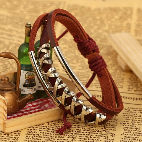 Bracciale Vintage Unisex Multistrato in Vera Pelle Con Tubo in Metallo Lega Argento Stile Punk Geometrico Gioiello Regolabile