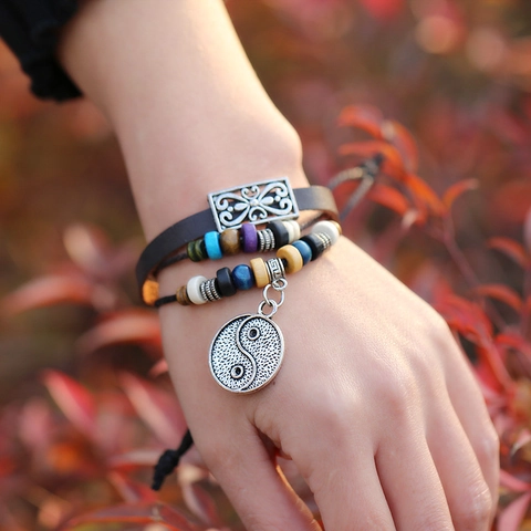 Vintage Multilayer Beaded Leather Bracelet For Men Women Yin Yang Tai Chi Charm Ethnic Braided Cowhide Bracelet Jewelry