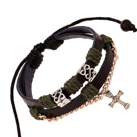 Bracciale in Pelle Multistrato Punk per Uomo Donna Ciondolo a Croce Vintage Bracciale Avvolgente Intrecciato Regolabile Gioielli